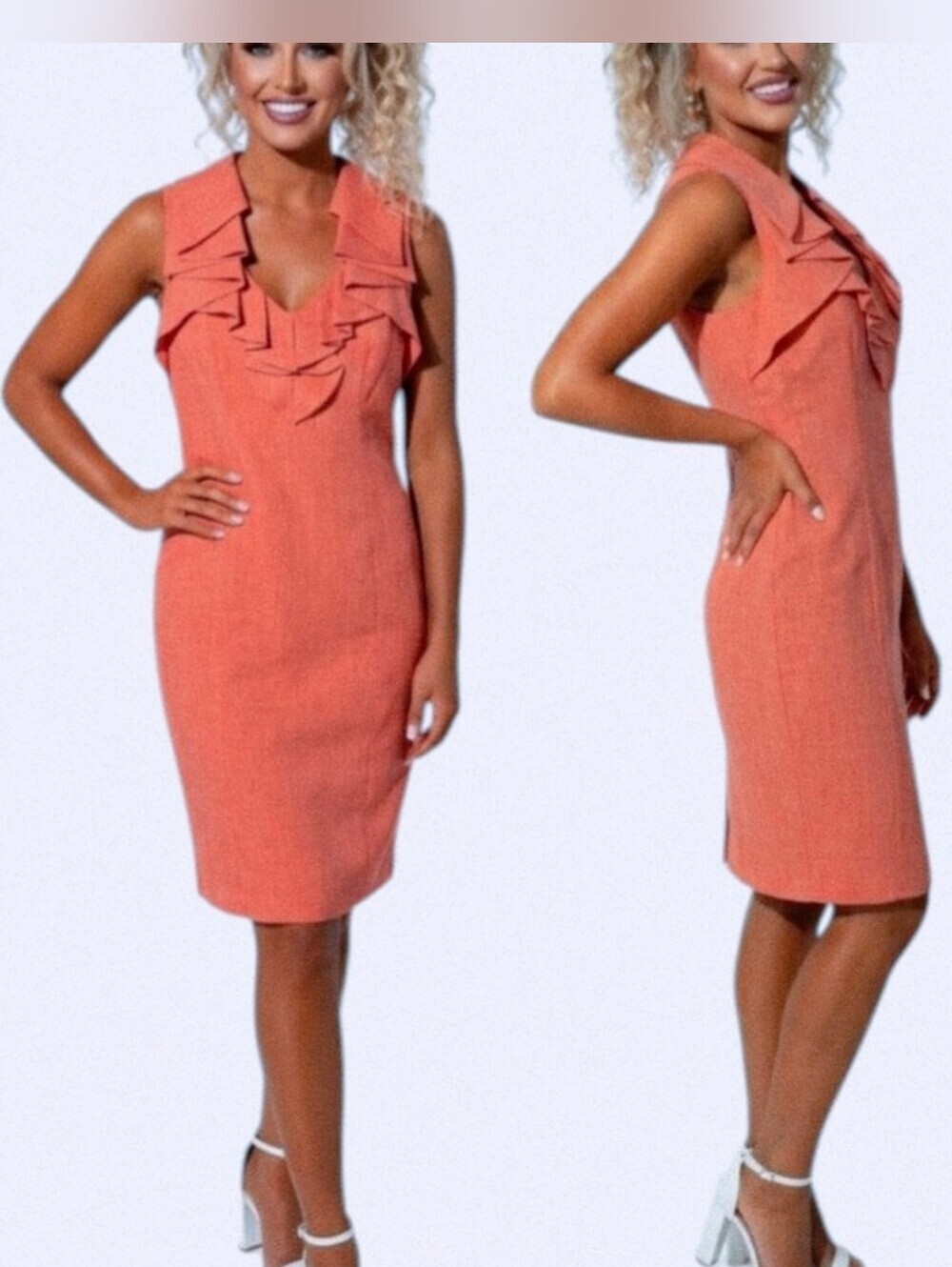 Evan Picone Sexy Sheath Dress Size 10 Midi Length Tweed Ruffle Burnt Orange
